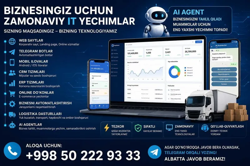 Web Sayt Telegram Bot Mobil Ilova CRM ERP Xizmatlari