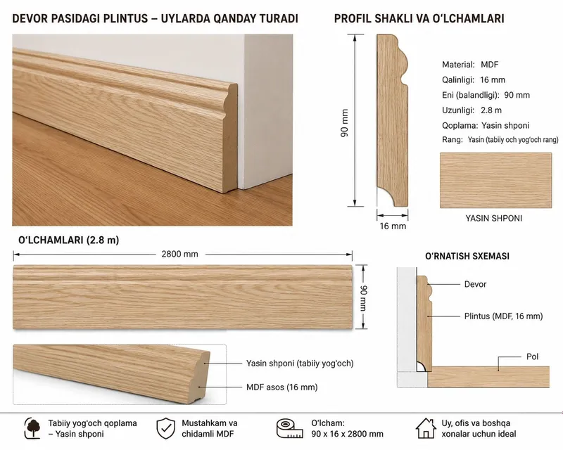 MDF ПЛИНТУС – ЯСИН Сифатли MDF плентус сотилади. Усти табиий — фото 4