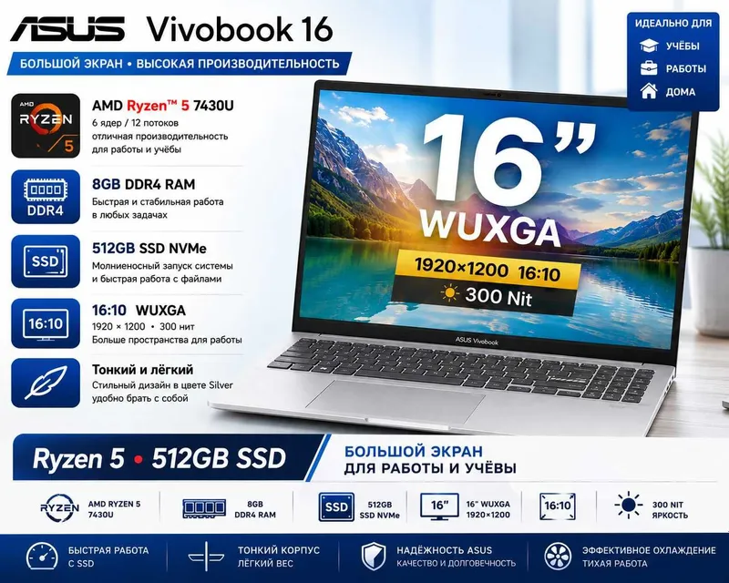ASUS Vivobook 16 / Ryzen 5 /8GB /512GB SSD /16" WUXGA / Гарантия 1 год