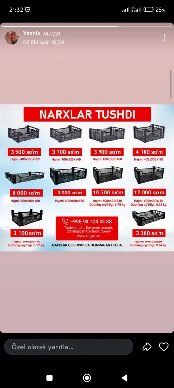 Plastik Yashik sotiladi 4