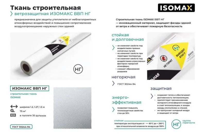 Ткань негорючая ветрозащитная ISOMAX ВВП НГ белая (ширина 1,5м) 75 м2 — фото 2