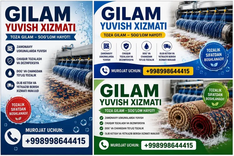 Gilam Yuvish xizmat 15.000 ming kv