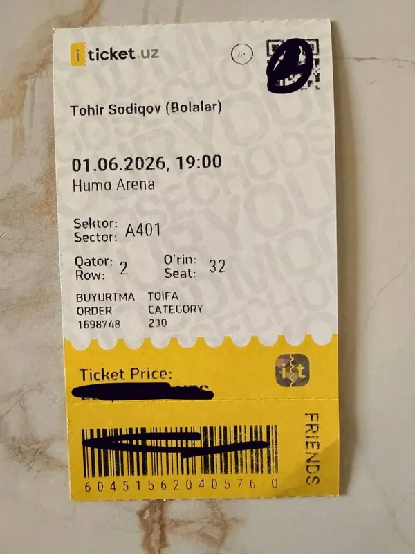 Toxir Sodiqovga ikkita yonma-yon bilet sotiladi narxi 550 ming sum Toxir Sodiqovga ikkita yonma-yon bilet sotiladi narxi 550 ming sum