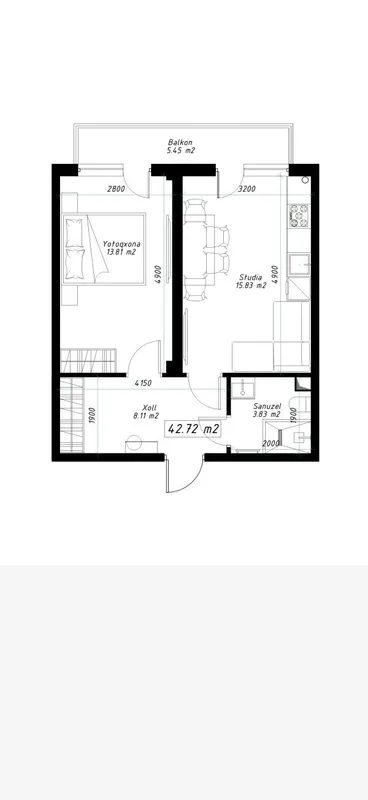 Продаётся 1-комнатная квартира 42 м² за наличные или в рассрочку