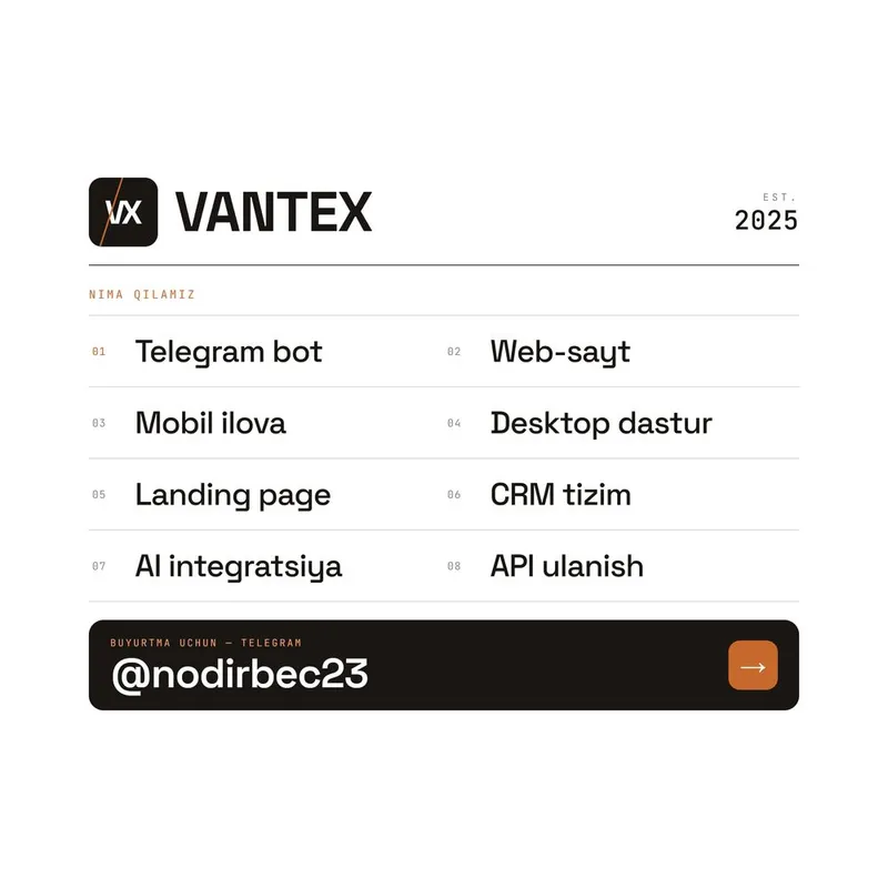 Telegram bot, web-sayt, mobil ilova, landing page, xizmatlari