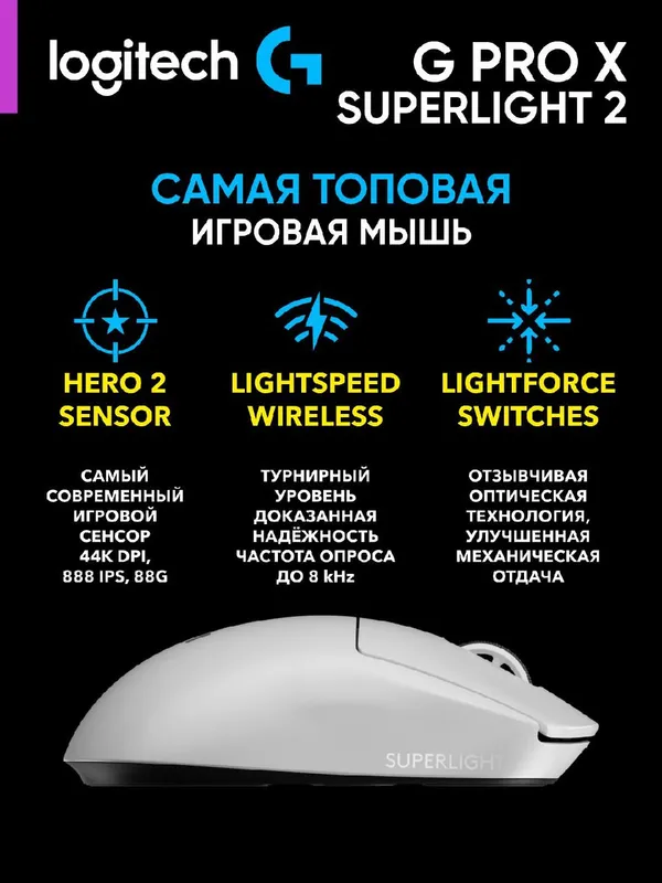 Игровая беспроводная мышка Logitech G Pro X Superlight 2 Lightspeed, белая — фото 1