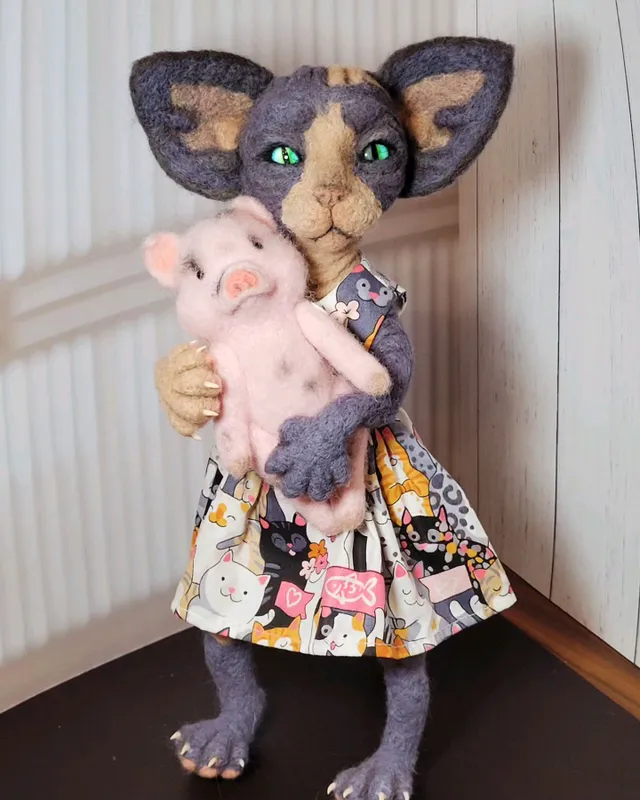 интерьерная игрушка  кошка,шерсть.ручная рабоота — фото 3