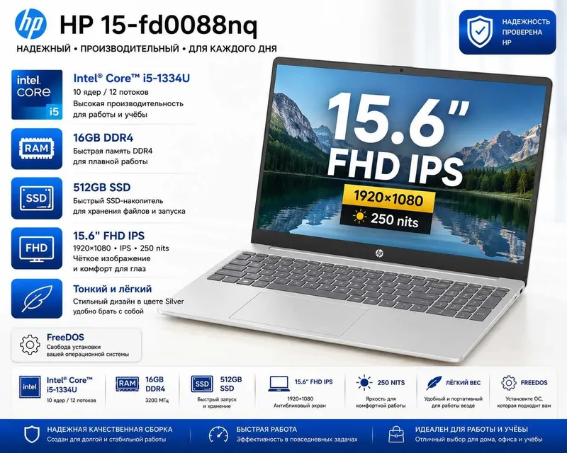 HP 15 / Intel Core i5 /16GB /512GB SSD /15.6" FHD IPS /Гарантия 1 год