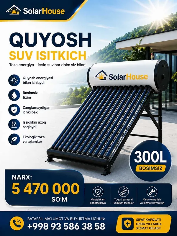 Quyosh suv isitkichlari 300L bosimsiz