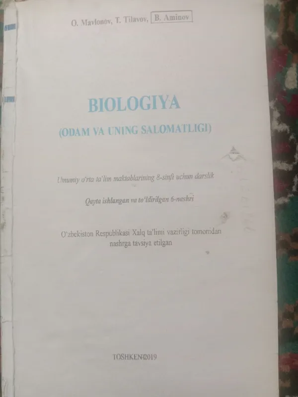 Biologiya 8-sinf Odam va uning salomatligi 2019