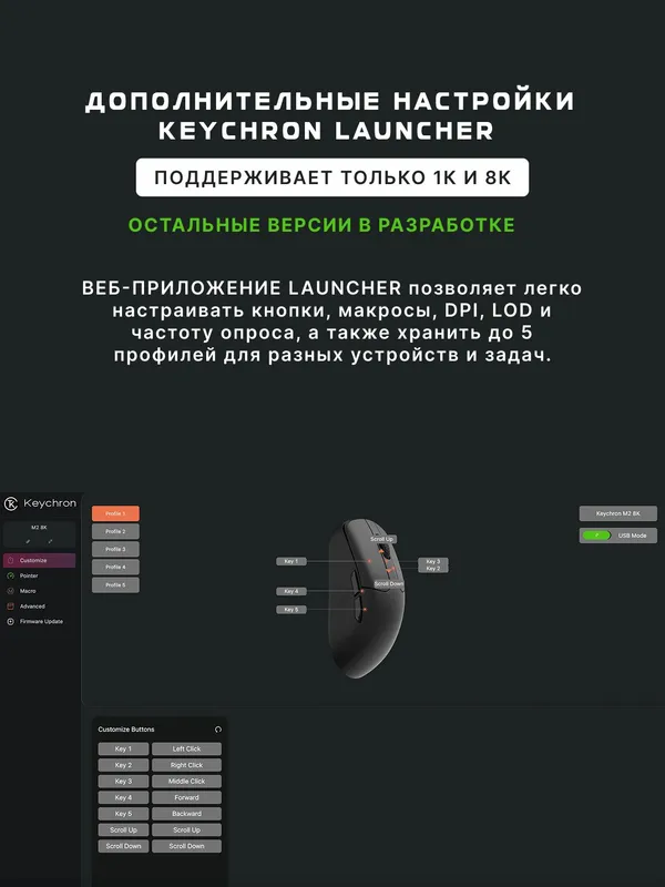 Игровая беспроводная мышка Keychron M2 (BT/WL, USB-A/USB-C), 1K, до 135 часов работы — фото 4 Игровая беспроводная мышка Keychron M2 (BT/WL, USB-A/USB-C), 1K, до 135 часов работы — фото 4