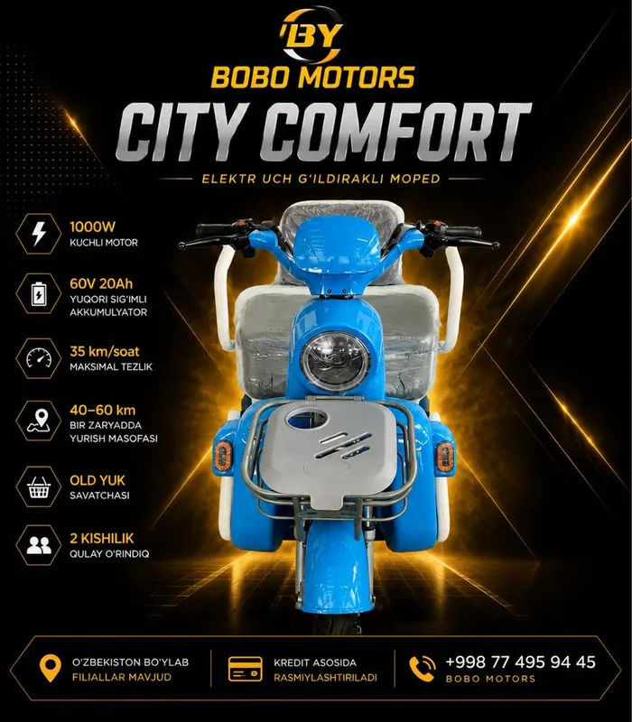 Elektr uch g'ildirakli moped- Bobo Motors 2 Elektr uch g'ildirakli moped- Bobo Motors 2