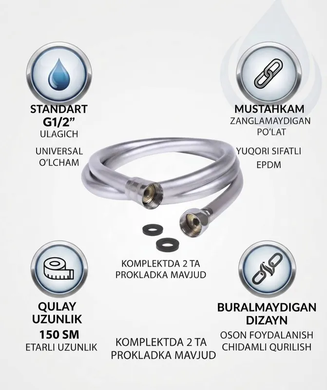 Dush uchun egiluvchan shlang PVX Silver Dush uchun egiluvchan shlang PVX Silver