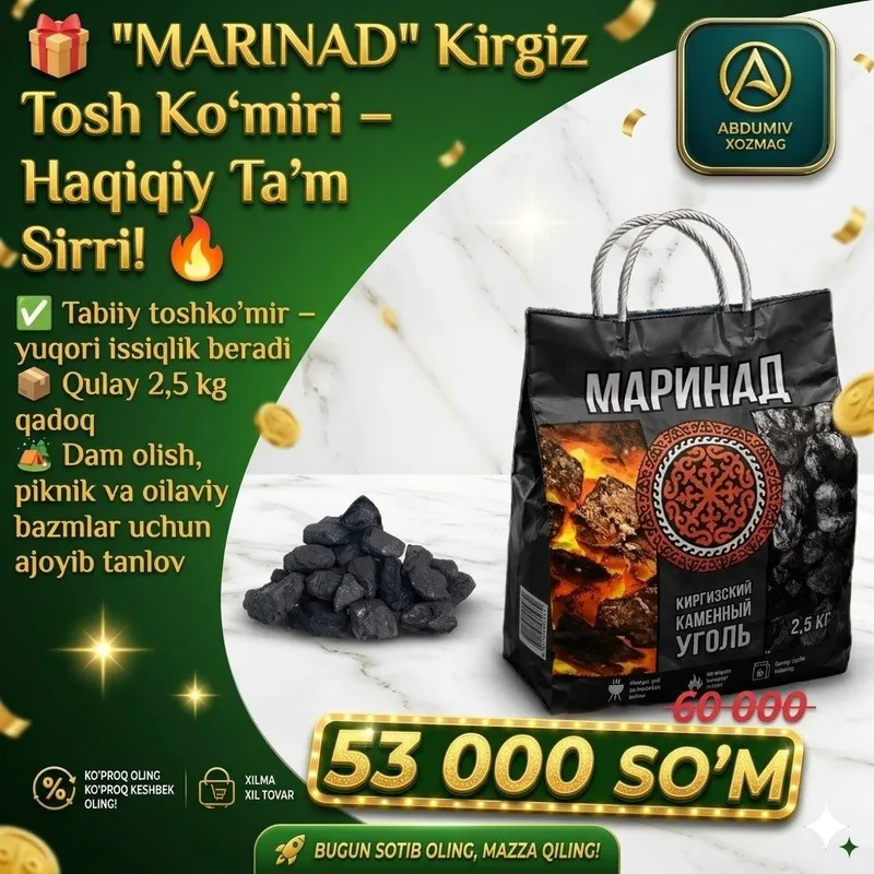 "MARINAD" Kirgiz Tosh Ko‘miri – og'irligi 2,5 kg 1 "MARINAD" Kirgiz Tosh Ko‘miri – og'irligi 2,5 kg 1
