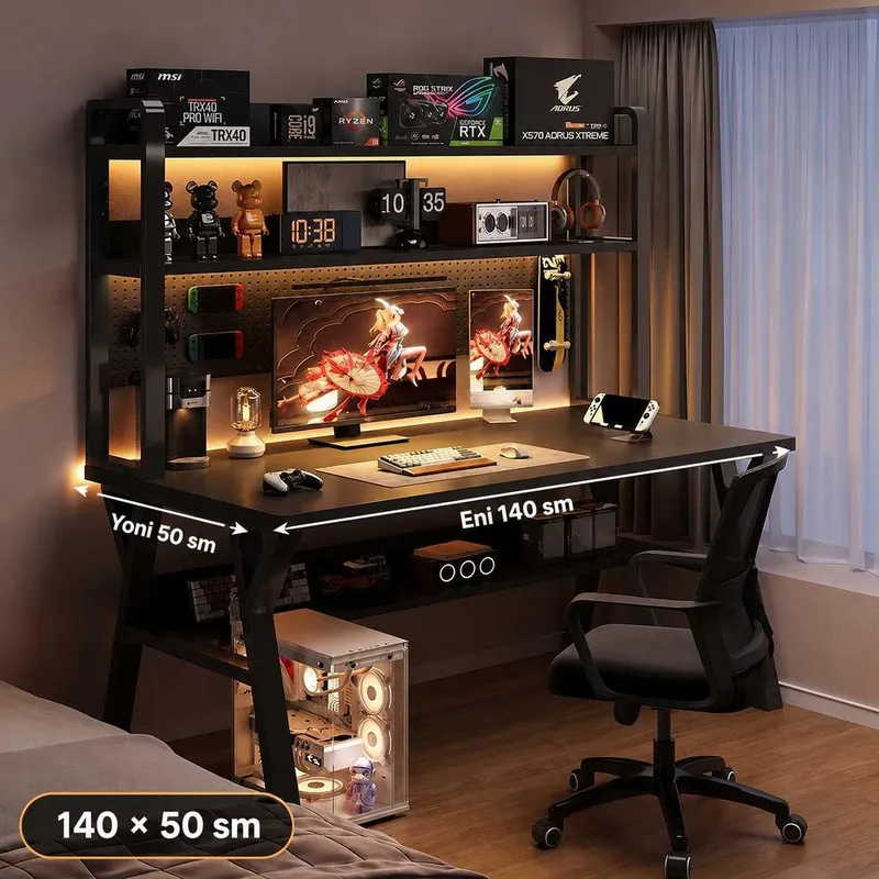 Gaming stol LED polkali kompyuter uchun 100/120/140x50 sm qora versiya — фото 3