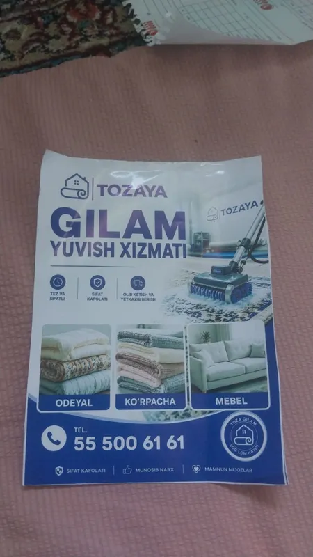 Gilam va yumshoq mebel adyol korpa korpacha yuvish xizmatlari bor