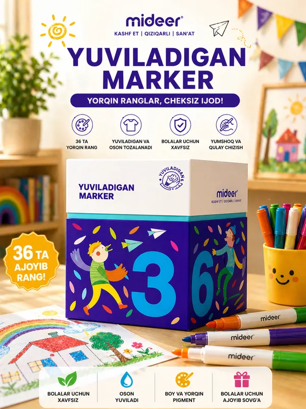 Mideer yuviladigan markerlar, 36 rang