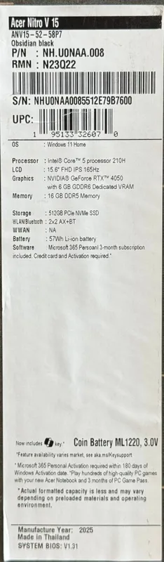 Acer Nitro V15 YANGI — Core 5 210H / RTX 4050 6GB — фото 8 Acer Nitro V15 YANGI — Core 5 210H / RTX 4050 6GB — фото 8