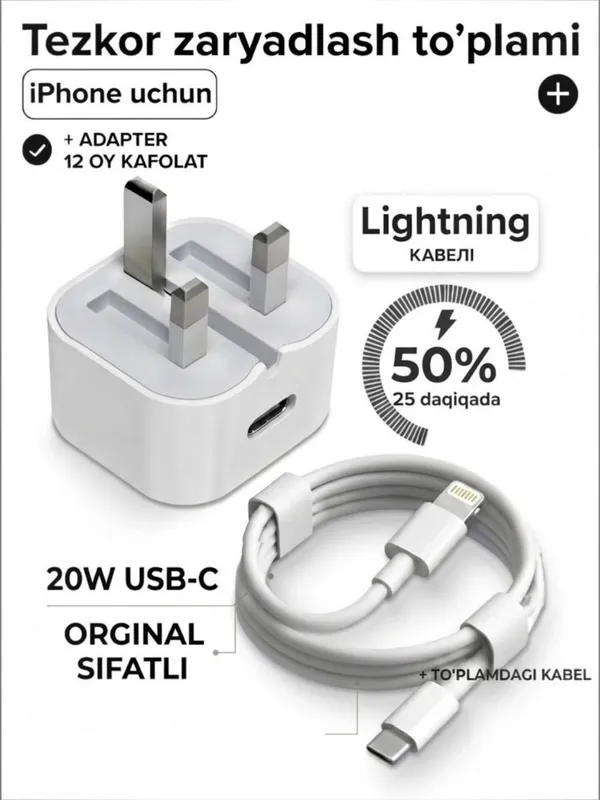 iPhone uchun tezkor 20W zaryadchik to'plami: 2
