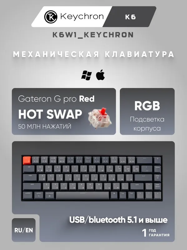 Беспроводная механическая клавиатура Keychron K6 68 Key, Gateron G Pro Red Aluminum Frame Hot-Swap, RGB, K6W1