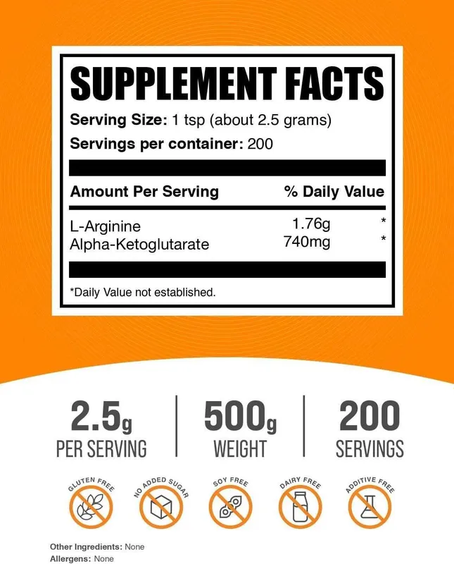BulkSupplements AAKG 500 г оригинал Аргинин без вкуса [США] — фото 3
