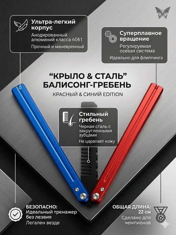 Расческа бабочка тренировочная Балисонг для трюков (алюминий) — фото 1