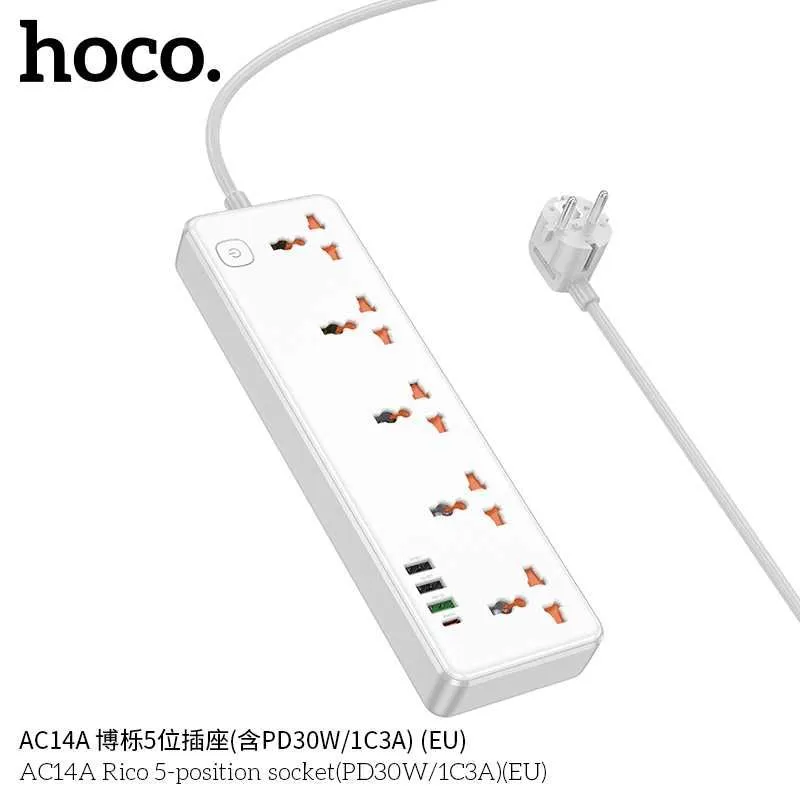 Hoco AC14A Rico Сетевой фильтр 5 розетками и USB-портами PD30W EU/GER — фото 5