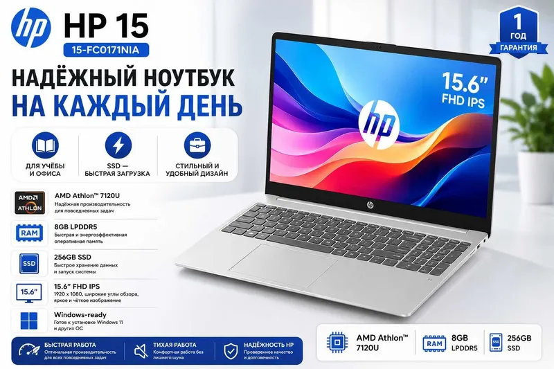 HP 15 / AMD Athlon 7120U / 8GB / 256GB SSD / FHD IPS / Гарантия 1 год — фото 5