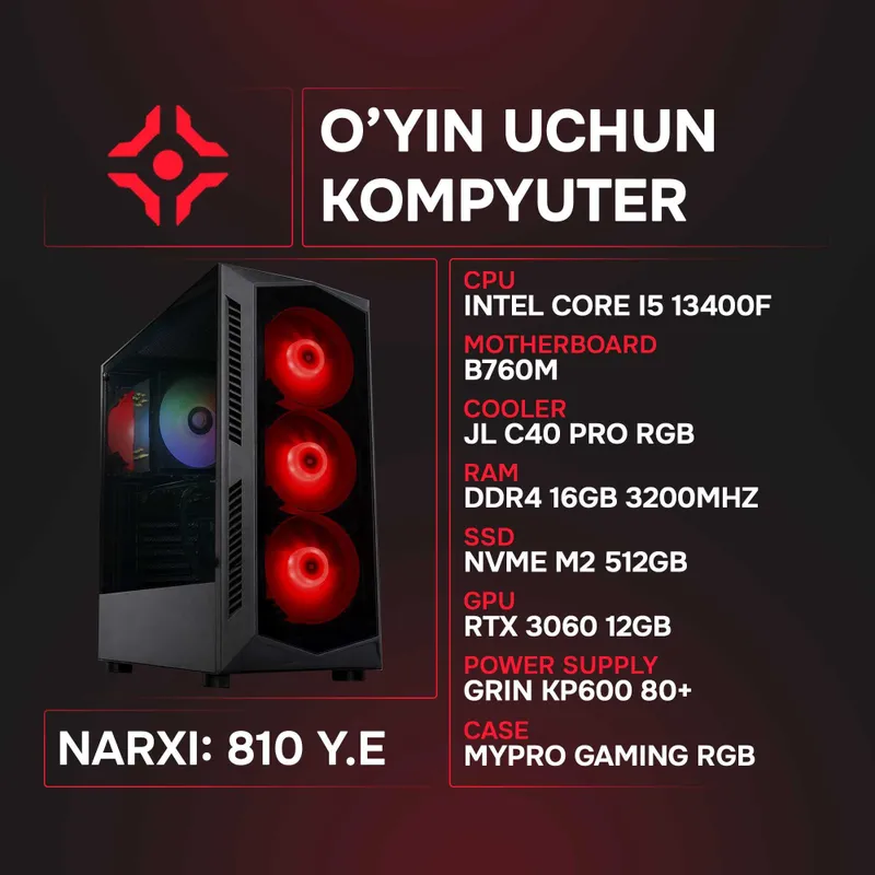 Intel I5 13400F / 16Gb 3200MHz / NVMe 512Gb / RTX 3060 12Gb