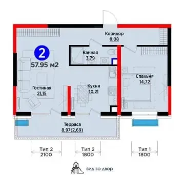 2-комн. 57.95 м² у парка «Янги Ўзбекистон» — фото 2