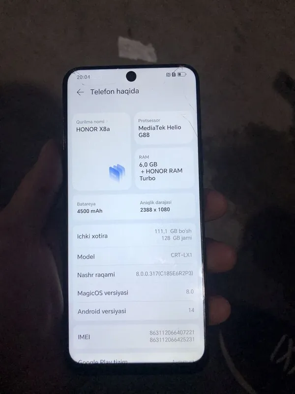 honor X 8A hotira 128tali