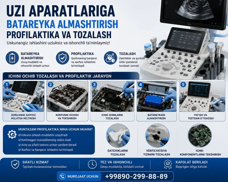 UZI ( УЗИ ремонт) apparatlariga batareyka almashtirish, profilaktika v