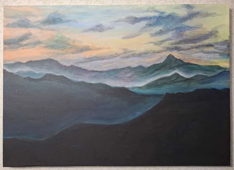 Картина акрилом "Закат в горах", холст 70×50 см
