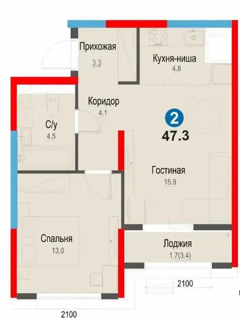 2-комнатная квартира 47,3 кв.м, метро Янгиабад — фото 1