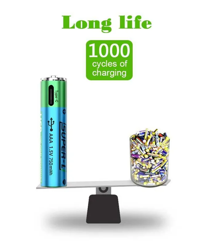 2 штук АА Li-ion батарейки 1.5V 2500 mWh USB с USB кабель (Super-L) — фото 5