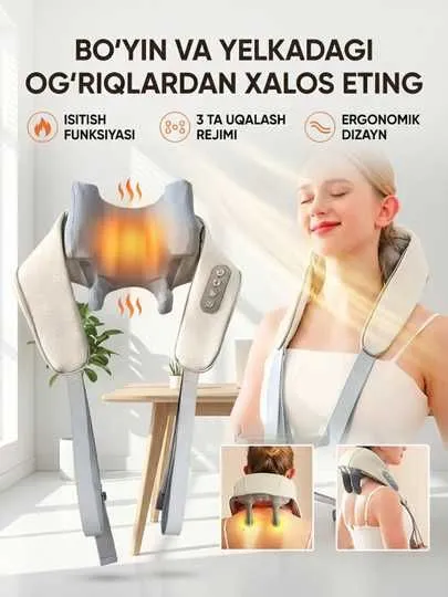 Bo‘yin yelka MASSAJOR isitish funksiyali 3 rejimli uy va ofis uchun Bo‘yin yelka MASSAJOR isitish funksiyali 3 rejimli uy va ofis uchun