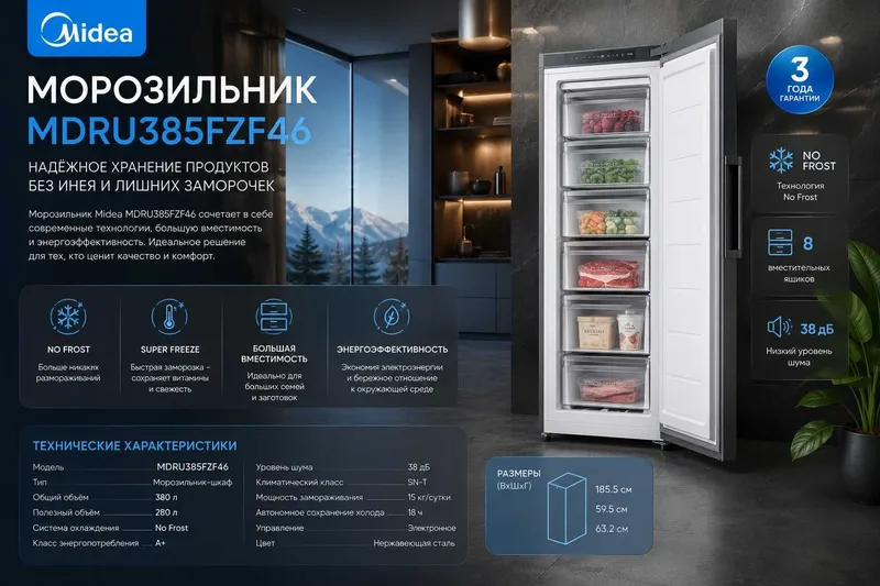 Premium Холодильник Морозильник MDRU385FZF46 Midea САМЫЕ НИЗКИЕ ЦЕНЫ!!