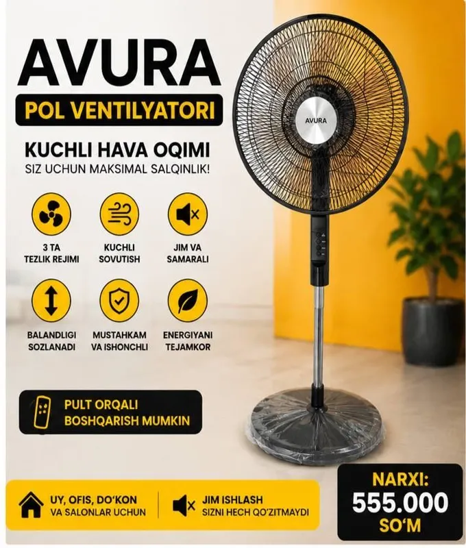 AVURA Ventilyatori | Kuchli Sovutish | Yangi | 3 Tezlik