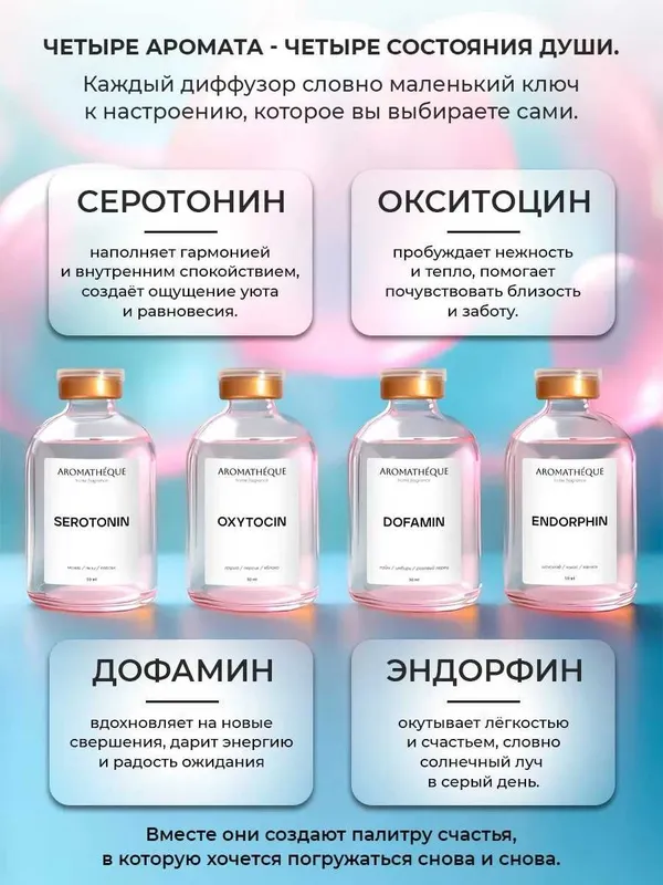 Набор аромадиффузоров AROMATHEQUE "Гормоны счастья" (4х50 мл.) — фото 1 Набор аромадиффузоров AROMATHEQUE "Гормоны счастья" (4х50 мл.) — фото 1