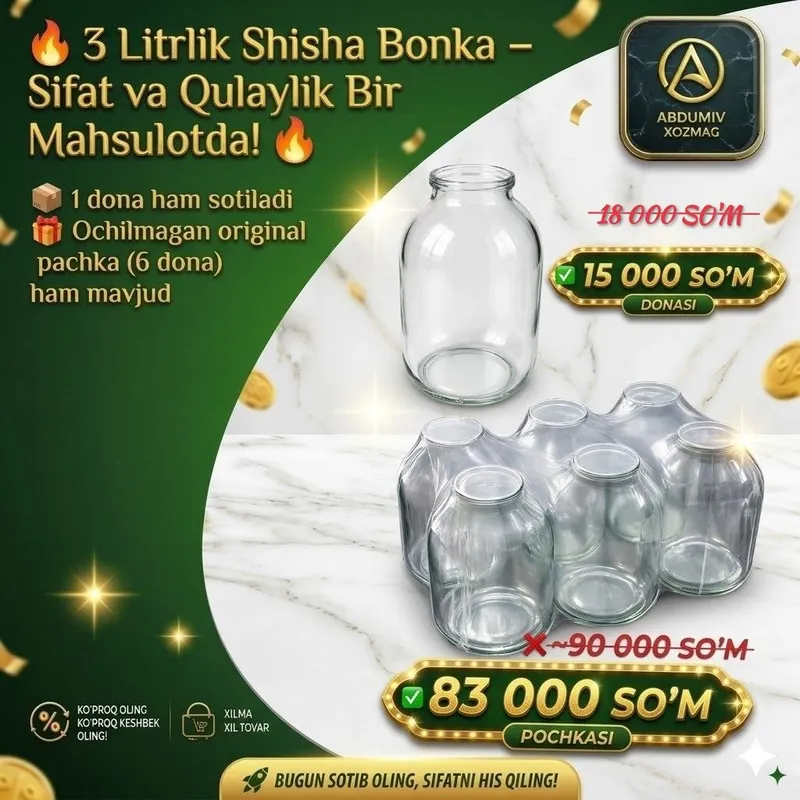3 Litr Shisha Bonka – Sifat va Qulaylik Bir joyda 1 3 Litr Shisha Bonka – Sifat va Qulaylik Bir joyda 1