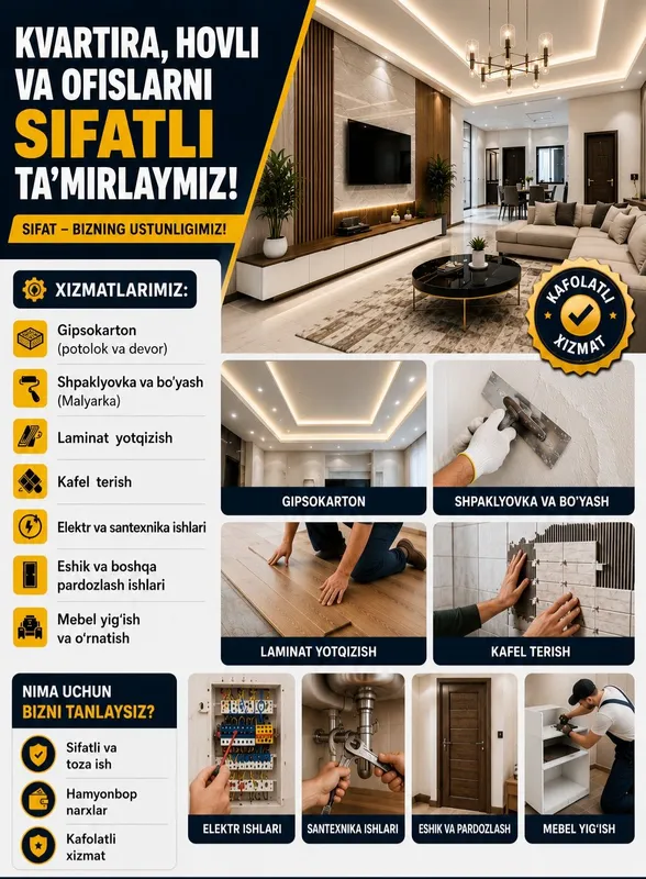 KVARTIRA, HOVLI va OFISLARNI Sifatli Tamirlaymiz