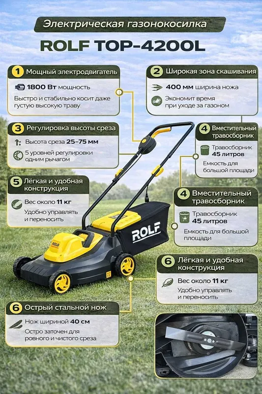 Газонокосилка Электрическая Rolf TOP-4200L gazonokosilka elektr ОПТОМ!