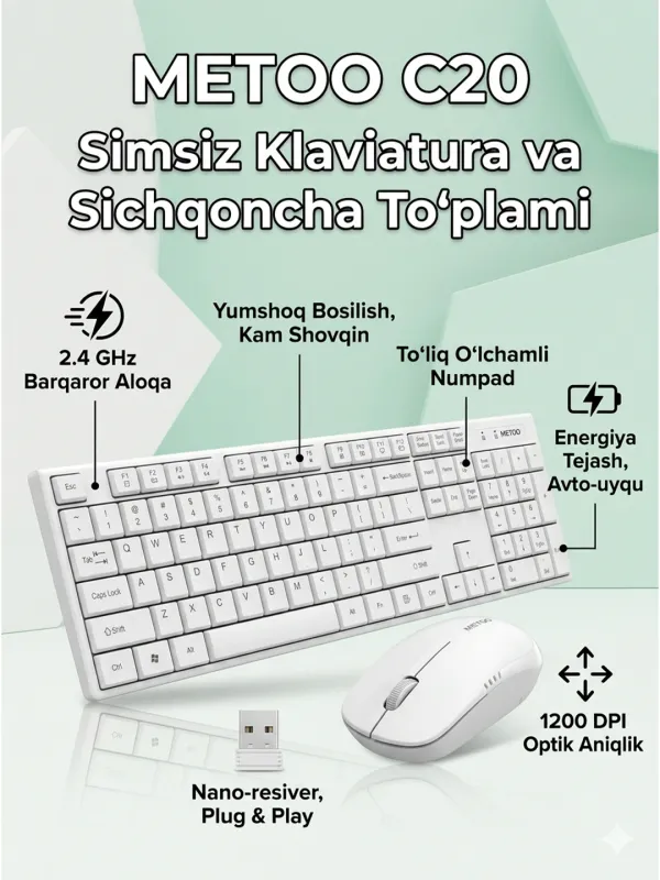 Клавиатура и мышь  Metoo C20 Wireless Black/ White