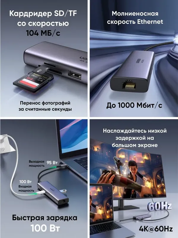 UGREEN USB-C хаб 7 в 1 HDMI 4K 60Hz RJ45 — фото 1
