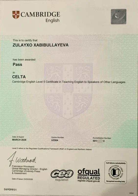 Onlayn ingliz tili Celta sertifikatiga ega ustoz bilan!