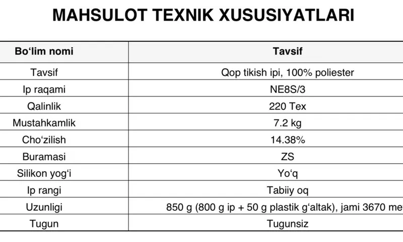 Qop tikadigan ip 100% Poliestr 800 gramlidan — фото 1 Qop tikadigan ip 100% Poliestr 800 gramlidan — фото 1