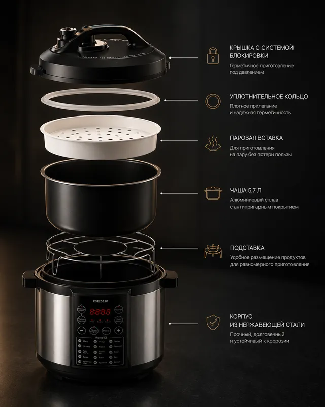 Мультиварка-скороварка с чашей DEXP, 5.7 л 3