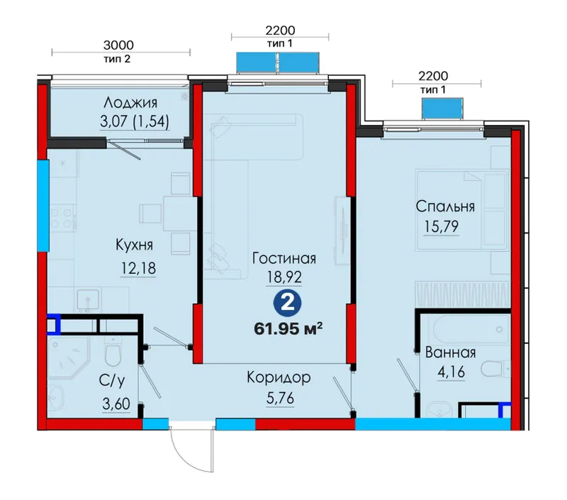 Первый Взнос 11,490$ Бизнес 2комн 61м2 С Кадастром — фото 1