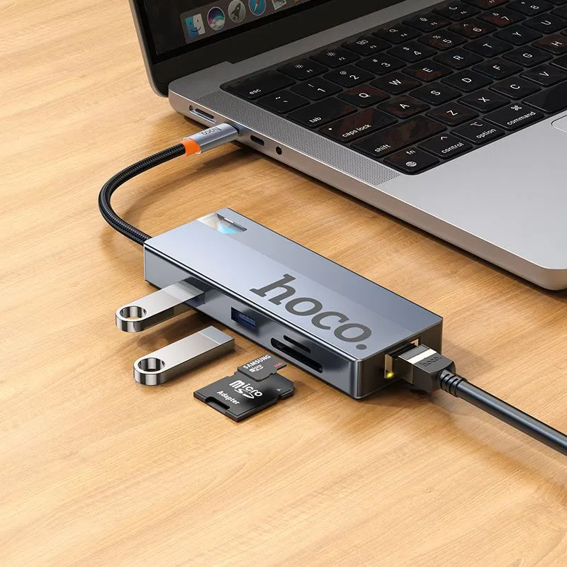 Hoco HB52 Hub Wow 8-в-1 HDMI 4K 60Hz,PD 100W, USB 3.0 5Gbps,RJ45,SD/TF — фото 3