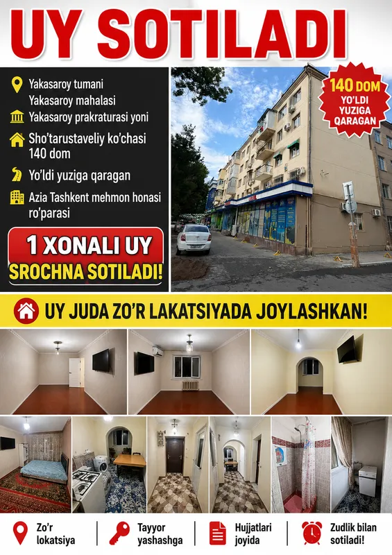Yakkasaroy 1 xonaliy uy Srochna sotiladi 1 Yakkasaroy 1 xonaliy uy Srochna sotiladi 1